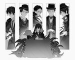  6+boys black_hair black_jacket black_pants bow bowtie cane closed_eyes closed_mouth gaural glasses gun hat highres holding holding_gun holding_weapon ink jacket klein_moretti lamp lord_of_the_mysteries monochrome multiple_boys necktie pants paper quill revolver robe shirt smile table tentacles weapon white_shirt writing 