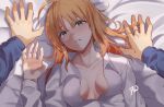  1girl ahoge artoria_pendragon_(all) bed blonde_hair blush breasts collarbone collared_shirt english_commentary fate/stay_night fate_(series) green_eyes long_hair long_sleeves looking_at_viewer lying medium_breasts on_back open_mouth pov pov_hands saber shirt solo_focus white_shirt 