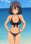  1girl ass_visible_through_thighs bikini black_bikini black_hair blue_sky breasts clouds girls_und_panzer green_eyes groin hands_on_hips hoshino_fumina inoshira looking_at_viewer medium_breasts navel ocean short_hair sky smile solo swimsuit tan thigh_gap twitter water 