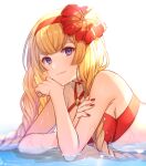  athena_(granblue_fantasy) bangs bikini blonde_hair braid braided_ponytail breasts choker closed_mouth criss-cross_halter crossed_bangs flower granblue_fantasy hairband halterneck head_rest hibiscus kingyo_114 long_hair looking_at_viewer lying medium_breasts on_stomach partially_submerged red_bikini red_choker red_nails swimsuit twin_braids upper_body violet_eyes water white_background 