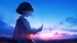  1girl absurdres bag black_hair bob_cut cellphone highres holding holding_phone huge_filesize mifuru original phone profile scenery school_uniform serafuku short_hair shoulder_bag sky smartphone solo sunrise 