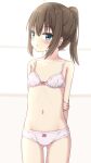  1girl ass_visible_through_thighs bangs bare_arms bare_shoulders blue_eyes blurry blurry_background blush bow bow_bra bow_panties bra breasts brown_hair collarbone commentary_request depth_of_field eyebrows_visible_through_hair groin hair_between_eyes highres hippo_(hirople) navel original panties parted_lips ponytail sidelocks small_breasts solo underwear white_bra white_panties window 
