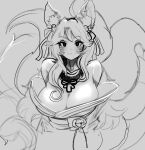  1girl absurdres ahri animal_ear_fluff animal_ears bare_shoulders bell blush bow breasts closed_mouth ehrrr fox_ears fox_tail greyscale hair_bell hair_bow hair_ornament highres large_breasts league_of_legends long_hair looking_at_viewer monochrome multiple_tails smile spirit_blossom_ahri tail work_in_progress 