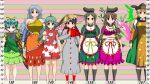  6+girls ajirogasa antennae apron aqua_hair bangs black_footwear black_hair black_headwear black_legwear blonde_hair boots bow braid breasts brown_eyes brown_footwear brown_hair brown_headwear butterfly_wings buttons clenched_hand closed_mouth clothes_writing cloud_print coat constellation_print curly_hair detached_sleeves dress eternity_larva full_body green_dress green_eyes green_hair green_skirt grey_coat grey_hair hat heart height_chart hidden_star_in_four_seasons holding_plant horns kariyushi_shirt kneehighs komainu komano_aunn large_breasts leaf leaf_on_head long_earlobes long_hair long_sleeves looking_at_viewer matara_okina multicolored multicolored_clothes multicolored_dress multiple_girls myouga_(plant) nishida_satono orange_eyes pink_bow pink_dress puffy_short_sleeves puffy_sleeves red_eyes red_legwear red_shirt sakata_nemuno shirt short_hair short_hair_with_long_locks short_sleeves shorts single_horn single_strap skirt small_breasts smile standing sutekase tabard tate_eboshi teireida_mai touhou twin_braids waist_apron wavy_hair white_apron white_shirt white_shorts wings yatadera_narumi yellow_bow yellow_wings 