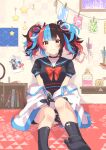  1girl black_legwear book bookshelf fate/grand_order fate_(series) highres multicolored_hair murasaki_shikibu_(fate) off_shoulder photo_(object) sailor_collar sei_shounagon_(fate) shiohari_kanna sitting smile socks star_(symbol) twintails 