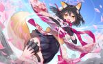  1girl absurdres animal_ears black_hair blue_archive commentary_request fang fox_ears gloves halo heart heart_hands highres ink. izuna_(blue_archive) kunai looking_at_viewer petals scarf school_uniform short_hair sky solo thigh_strap weapon yellow_eyes 