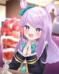  +_+ 1girl absurdres animal_ears bangs blue_bow blue_eyes blurry blurry_background blush bow commentary_request dessert dress elbows_on_table eyebrows_visible_through_hair eyes_visible_through_hair food frilled_dress frills fruit glass hair_bow highres horse_ears ice_cream light_particles long_hair long_sleeves marumaruru mejiro_mcqueen_(umamusume) mirror open_mouth palms_together purple_hair reflection saliva sidelocks sitting smile solo strawberry sundae swept_bangs table umamusume violet_eyes whipped_cream 