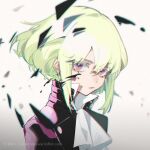  1boy androgynous blonde_hair cravat earrings eyokiki fire gloves green_hair jacket jewelry lio_fotia looking_at_viewer male_focus otoko_no_ko promare short_hair simple_background solo violet_eyes 