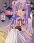  blush book crescent dress eyebrows_visible_through_hair hat highres holding holding_book korira long_hair mob_cap open_mouth patchouli_knowledge purple_hair sitting striped touhou vertical-striped_dress vertical_stripes very_long_hair violet_eyes 