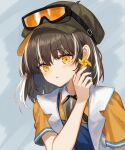  1girl :o arknights beak_mask brown_hair earrings flower_(symbol) goggles goggles_on_headwear hand_up hat head_tilt highres jewelry magallan_(arknights) mask mask_around_neck multicolored_hair open_mouth orange_shirt shirt short_sleeves spacelongcat streaked_hair yellow_eyes 