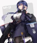  1girl absurdres bangs blue_hair braid braided_ponytail breasts dp-12_(girls_frontline) girls_frontline grey_eyes gun highres large_breasts long_hair marche_mk14 pantyhose shotgun smile solo standard_manufacturing_dp-12 thigh_strap very_long_hair weapon 