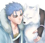  1boy 1other blue_hair bracelet capelet close-up closed_mouth cu_chulainn_(caster)_(fate) cu_chulainn_(fate)_(all) earrings fate/grand_order fate_(series) fur-trimmed_hood fur_trim hood hood_down hooded_capelet jewelry long_hair looking_at_another male_focus red_eyes saku_(saksak1100) simple_background smile spiky_hair white_wolf wolf 