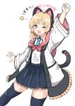  &gt;_o 1girl ;d absurdres animal_ears arm_up black_legwear black_skirt blonde_hair blue_archive blue_neckwear blush bow cat_ear_headphones cat_ears cat_tail clenched_hand collared_shirt fake_animal_ears frilled_jacket frilled_skirt frills hair_bow halo headphones highres jacket long_sleeves momoi_(blue_archive) moyoron necktie off_shoulder one_eye_closed open_clothes open_jacket open_mouth pink_eyes pleated_skirt red_bow shirt short_necktie sidelocks simple_background skirt smile solo star_(symbol) tail thigh-highs translation_request twintails white_background white_jacket white_shirt wide_sleeves 