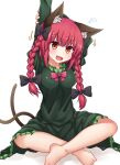  1girl :d absurdres animal_ears arm_up barefoot blush braid breasts cat_ears cat_tail dress green_dress highres indian_style kaenbyou_rin long_hair medium_breasts multiple_tails nekomata open_mouth red_eyes redhead simple_background sitting siw0n smile solo tail toes touhou twin_braids twintails two_tails white_background 