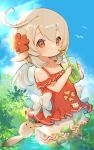  1girl alternate_costume bangs bare_shoulders blonde_hair blue_sky clouds cup drinking_glass genshin_impact hair_between_eyes highres klee_(genshin_impact) ko_ume_39 low_twintails pointy_ears red_eyes ribbon sky sunlight twintails white_ribbon 