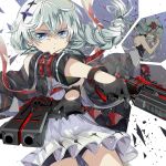  2girls bangs black_gloves black_jacket blue_hair braid braided_ponytail closed_mouth dual_wielding flower gloves gun hair_between_eyes hair_flower hair_ornament handgun highres holding holding_gun holding_weapon honkai_(series) honkai_impact_3rd jacket kallen_kaslana kallen_kaslana_(sin_hunter) kanai23831347 long_hair long_sleeves looking_at_viewer multiple_girls shorts simple_background theresa_apocalypse theresa_apocalypse_(luna_kindred) weapon white_background white_hair 