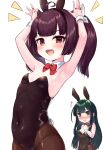  ahoge animal_ears arms_up bangs black_hair black_legwear black_leotard blunt_bangs bow bowtie breasts bunny_pose bunny_tail commentary_request covered_navel cowboy_shot detached_collar fake_animal_ears fishnet_legwear fishnets green_hair highres leotard long_hair looking_at_viewer nail_polish pantyhose playboy_bunny rabbit_ears red_eyes red_neckwear simple_background small_breasts strapless strapless_leotard tail tenneko_yuuri touhoku_kiritan touhoku_zunko twintails voiceroid white_background wrist_cuffs yellow_eyes 