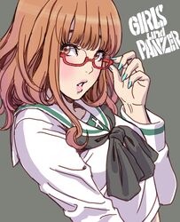  1girl adjusting_eyewear bangs black_neckwear blouse blue_nails blunt_bangs brown_eyes copyright_name girls_und_panzer glasses grey_background highres lips long_sleeves looking_at_viewer nail_polish neckerchief ooarai_school_uniform orange_hair parted_lips red-framed_eyewear school_uniform semi-rimless_eyewear solo takebe_saori under-rim_eyewear white_blouse yamashita_shun&#039;ya 