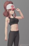  1girl abs alternate_costume antenna_hair bare_arms baseball_cap breasts brown_hair closed_mouth commentary_request eyelashes grey_background grey_eyes hand_on_headwear hand_up hat highres hilda_(pokemon) leggings light_blush long_hair looking_at_viewer navel pokemon pokemon_(game) pokemon_bw ponytail putcher sidelocks simple_background smile solo sports_bra watermark web_address 