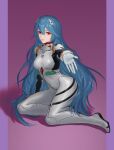  1girl absurdres ayanami_rei bodysuit deejey_(deejy11) evangelion:_3.0+1.0_thrice_upon_a_time full_body hair_between_eyes hair_ornament highres huge_filesize long_hair looking_at_viewer neon_genesis_evangelion outstretched_hand plugsuit rebuild_of_evangelion red_eyes simple_background sitting solo very_long_hair white_bodysuit 