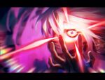  1boy blue_eyes close-up diffraction_spikes earrings fate/apocrypha fate/grand_order fate_(series) fire glowing glowing_eye highres jewelry karna_(fate) letterboxed male_focus mosako multicolored multicolored_eyes pale_skin pink_fire solo white_hair 