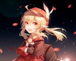  1girl ahoge backpack bag blonde_hair dress eyebrows_visible_through_hair genshin_impact gloves glowing hair_between_eyes hat_feather ji_xue_tcu klee_(genshin_impact) leaves_in_wind long_sleeves low_twintails night night_sky pointy_ears red_dress red_eyes red_headwear sky twintails upper_body 