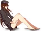  1girl at2. barefoot black_coat brown_hair coat commentary_request enderman from_side hand_on_own_thigh hat highres long_hair minecraft open_mouth personification simple_background skirt solo violet_eyes white_background 