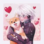  1boy :d ahoge android black_gloves black_jacket blush border cheer_(cheerkitty14) commentary dangan_ronpa_(series) dangan_ronpa_v3:_killing_harmony dog english_commentary gloves grey_hair happy heart highres holding jacket keebo looking_at_animal male_focus medium_hair open_mouth pink_background scarf shiba_inu smile tongue tongue_out upper_body upper_teeth white_border 