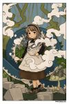  1girl akai_sashimi apron border brown_footwear brown_hair clouds full_body highres long_hair long_sleeves original plant rice_cooker shoes signature solo standing white_apron white_border 