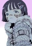  1girl bandaid bandaid_on_face bandaid_on_nose bangs black_hair blue_eyes expressionless frills fur_trim gradient gradient_background hair_ornament hairclip highres looking_at_viewer original purple_background short_hair solo toyux2 upper_body white_background 