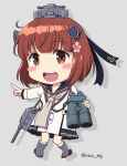  1girl adapted_turret anchor_symbol binoculars brown_eyes brown_hair cannon cherry_blossoms commentary_request dress flower grey_background grey_neckwear hair_flower hair_ornament headset kantai_collection looking_at_viewer machinery nao_(nao_eg) neckerchief open_mouth pointing remodel_(kantai_collection) round_teeth sailor_dress short_hair smile solo speaking_tube_headset teeth turret twitter_username upper_teeth yukikaze_(kancolle) 