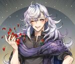  1boy ahoge black_shirt camelot_&amp;_co fate/grand_order fate_(series) flower hair_intakes highres holding holding_flower long_hair male_focus merlin_(fate) none_(kameko227) one_eye_closed petals pointy_ears purple_scarf scarf shirt solo violet_eyes wavy_hair 