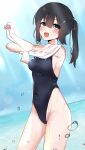  1girl absurdres black_hair brown_eyes commentary_request competition_swimsuit covered_navel cowboy_shot hanabi_(hanabi1221) highleg highleg_swimsuit highres long_hair looking_at_viewer one-piece_swimsuit original shirt smile solo standing swimsuit twintails undressing wet wet_clothes wet_shirt 