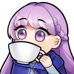  1girl bangs braid cloak commission commissioner_upload cup dress fire_emblem fire_emblem:_the_binding_blade french_braid hwa_rangi long_hair lowres purple_hair sipping sophia_(fire_emblem) teacup transparent_background violet_eyes 