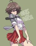  1girl absurdres ahoge akiyama_yukari blush brown_eyes brown_hair copyright_name cowboy_shot dress_shirt girls_und_panzer grey_jacket highres jacket messy_hair necktie one_eye_closed pleated_skirt red_skirt saunders_school_uniform school_uniform shirt short_hair simple_background skirt sleeves_rolled_up solo yamashita_shun&#039;ya 