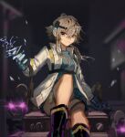  1girl arknights bare_legs black_footwear blue_gloves blue_shirt blurry blurry_background boots breasts chest_strap clay_(clayjun) commentary_request electricity feet_out_of_frame gloves glowing glowing_eyes grey_eyes grey_hair hand_up headlamp highres jacket long_sleeves looking_at_viewer mayer_(arknights) mayer_(visionblazer_in_the_courtyard)_(arknights) medium_breasts meeboo_(arknights) official_alternate_costume open_mouth shirt short_hair_with_long_locks sitting smile solo teeth thigh_strap violet_eyes white_jacket 