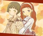  2girls autumn bangs blunt_bangs blush brown_hair earrings hairband jewelry long_hair long_sleeves looking_at_viewer multiple_girls orange_background original shirt short_hair smile toyux2 upper_body violet_eyes white_hairband white_shirt yellow_eyes 