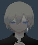  1boy absurdres avogado6 black_shirt blue_background closed_mouth collared_shirt facing_viewer grey_hair hair_between_eyes highres hollow_eyes male_focus needle original portrait shirt short_hair simple_background single_tear solo stitched_eye tears wing_collar 