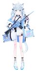  1girl :o ahoge amatsuka_uto animal_ears arm_strap assault_rifle bandaid bandaid_on_leg bangs blue_eyes cat_ears cat_tail eyebrows_behind_hair gun hair_ornament hairclip halter_top halterneck highres holding holding_gun holding_weapon indie_virtual_youtuber jacket kemonomimi_mode long_hair nabi_(uz02) official_art open_mouth rifle silver_hair skirt solo tail twintails virtual_youtuber weapon white_background white_footwear white_jacket white_skirt 