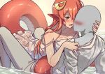  1boy 1girl blush breasts colored_skin commentary dress eyebrows_visible_through_hair fangs grey_skin hair_ornament highres lamia long_hair medium_breasts miia_(monster_musume) monster_girl monster_musume_no_iru_nichijou nifffi no_bra pants pointy_ears saliva saliva_trail scales shirt slit_pupils sundress wet wet_clothes wet_dress wet_hair wet_pants wet_shirt yellow_eyes 