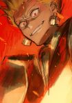  1boy armor blonde_hair crazy_eyes crazy_smile earrings fate/stay_night fate_(series) fire from_below gilgamesh_(fate) hair_up highres jewelry male_focus mosako red_eyes solo 