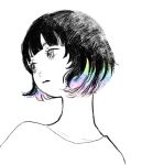  1girl bangs black_hair blunt_bangs expressionless grey_eyes highres original portrait rainbow_order short_hair simple_background solo spot_color toyux2 white_background 