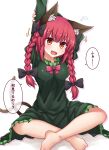  1girl :d absurdres animal_ears arm_up barefoot blush braid breasts cat_ears cat_tail dress green_dress highres indian_style kaenbyou_rin long_hair medium_breasts multiple_tails nekomata open_mouth red_eyes redhead simple_background sitting siw0n smile solo tail toes touhou translation_request twin_braids twintails two_tails white_background 