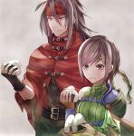  1boy 1girl black_hair brown_eyes brown_hair cloak final_fantasy final_fantasy_vii food gauntlets gloves headband long_hair mirrorclew onigiri red_eyes short_hair vincent_valentine yuffie_kisaragi 