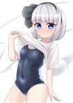  1girl absurdres black_hairband black_ribbon blue_eyes bob_cut breasts commentary_request contrapposto cowboy_shot hairband highres hitodama konpaku_youmu konpaku_youmu_(ghost) looking_at_viewer ribbon rital school_swimsuit short_hair silver_hair simple_background small_breasts solo standing swimsuit touhou white_background 