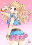  1girl absurdres aikatsu!_(series) aikatsu_friends! belt blonde_hair blue_shorts blush brown_belt character_request closed_mouth cowboy_shot dated food from_side geshumaro gradient gradient_background hair_ornament hand_up heart heart_hair_ornament highres ice_cream looking_at_viewer looking_to_the_side one_eye_closed pink_background red_eyes short_shorts shorts signature smile solo twintails w wristband 