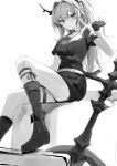  1girl absurdres arknights boots collar collarbone demon_horns fingerless_gloves foot_out_of_frame gloves greyscale hair_intakes hand_up highres horns long_hair looking_at_viewer midriff_peek molyb monochrome shirt sitting sketch solo studded_collar surtr_(arknights) sword thigh_strap weapon 