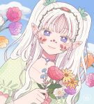  1girl aqua_flower bangs braid bright_pupils choker clouds cloudy_sky earrings flower hands_up highres holding holding_flower jewelry leaf long_hair looking_at_viewer nokanok orange_flower original pointy_ears purple_flower red_flower signature sky smile solo twin_braids violet_eyes white_flower white_hair white_pupils yellow_flower 