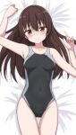  1girl arm_up ass_visible_through_thighs bare_arms bare_shoulders bed_sheet black_swimsuit blush breasts brown_eyes brown_hair closed_mouth collarbone covered_navel head_tilt highres hippo_(hirople) long_hair looking_at_viewer lying on_back one-piece_swimsuit original small_breasts smile solo swimsuit thigh_gap very_long_hair 