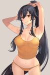  1girl adjusting_hair armpits black_hair blush breasts brown_eyes closed_mouth collarbone cowboy_shot eyebrows_visible_through_hair grey_background hair_between_eyes highres kantai_collection kasumi_(skchkko) large_breasts long_hair navel ponytail simple_background smile solo very_long_hair yahagi_(kancolle) 